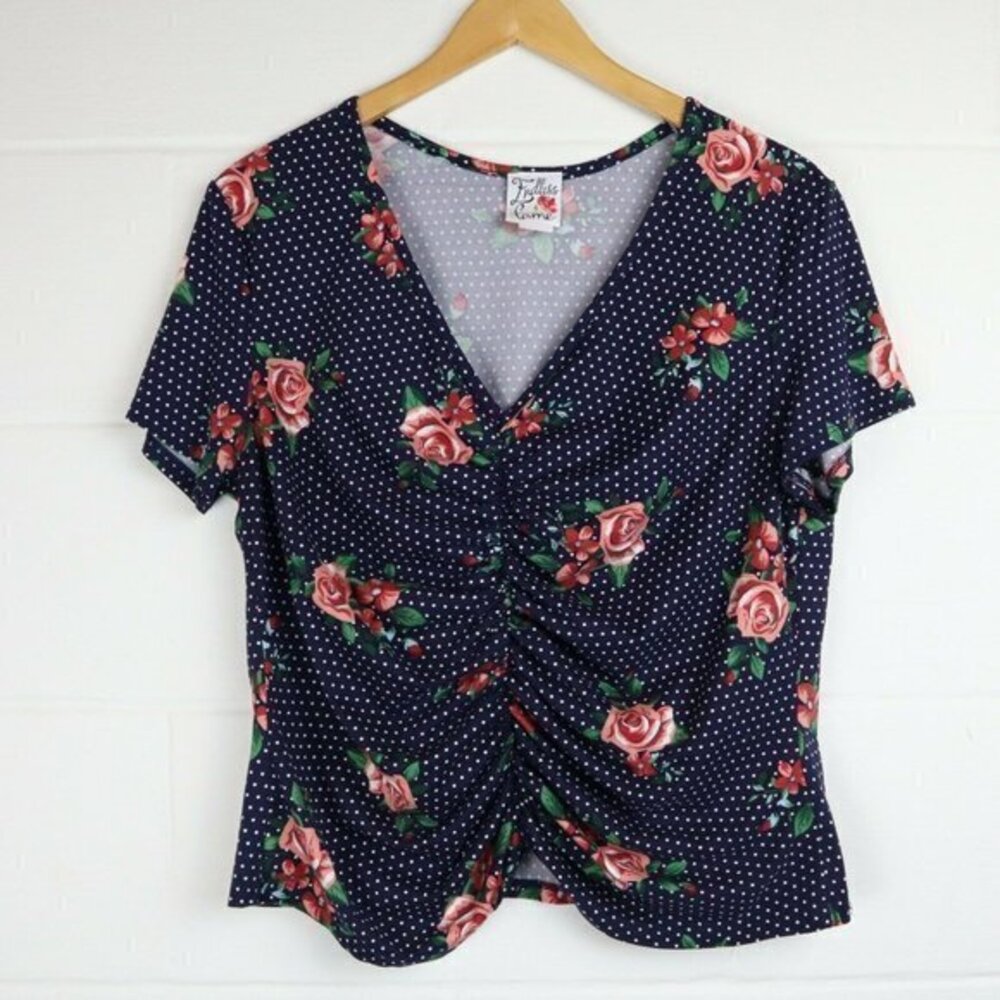 y2k Navy + Pink Top Floral Shirt Stretchy 1X Vtg Dot Ruched Crop Tee Blouse USA